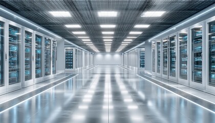 Poster - Modern cloud technology concept data center with advanced cloud technologies and servers in bright futuristic environment