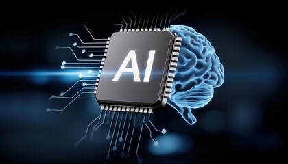 Poster - Artificial intelligence concept with microchip and digital brain symbolizing modern cloud technology and data center technologies innovation