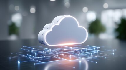 Poster - Cloud technology concept with modern data center and cloud technologies glowing in futuristic digital environment