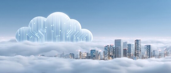 Poster - Cloud technology concept with modern data center and cloud technologies symbol above city skyline surrounded by clouds