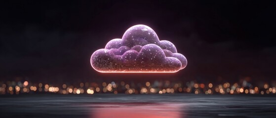 Poster - Modern cloud technology concept with glowing data points floating above reflective surface representing cloud data center technologies