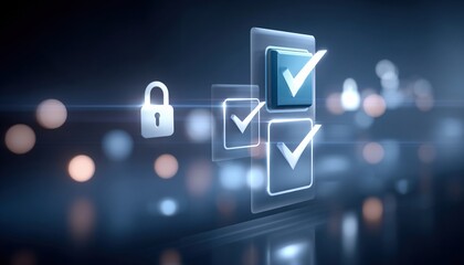 Poster - Modern cloud technology concept with data center security and check marks symbolizing verified cloud technologies in digital environment