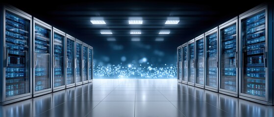 Poster - Modern cloud technology concept with data center and cloud technologies glowing in futuristic environment