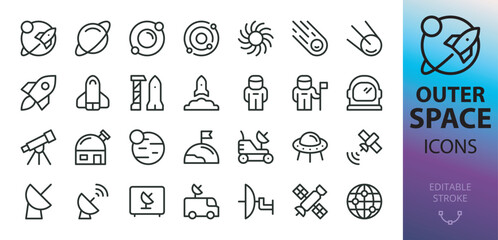Poster - outer space line icons set. set of rocket, planet, solar system, satellite, space shuttle, lunar rov
