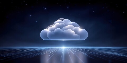 Poster - Cloud technology concept with glowing data center and modern cloud technologies in futuristic digital environment at night