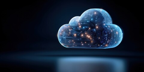 Poster - Modern cloud technology concept with glowing data center elements represents advanced cloud technologies and digital innovation