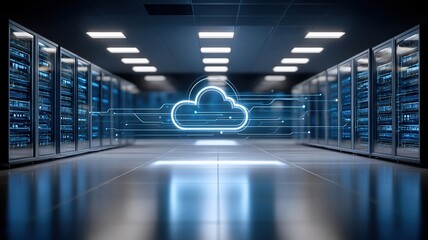 Poster - Cloud technology concept with modern data center and cloud technologies glowing in futuristic server room environment