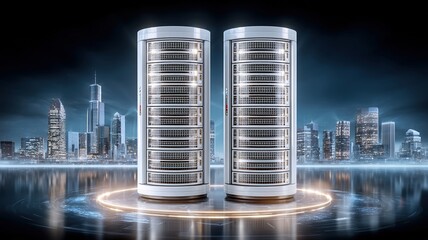 Poster - Cloud technology concept data center concept modern cloud technologies with futuristic server racks glowing in cityscape at night