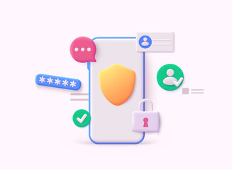 Poster - Phone with security. Password interface to log in,. Update personal data concept. Getting a new username and password for an account. 3D Web Vector Illustrations.