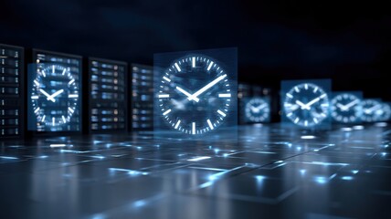 Poster - Modern cloud technology concept with glowing data center clocks representing cloud technologies and data flow in futuristic concept