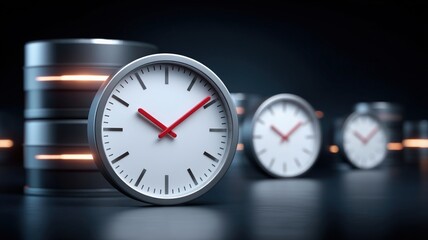 Poster - Modern cloud technology concept with data center and cloud technologies symbolized by clocks and server racks in futuristic setting