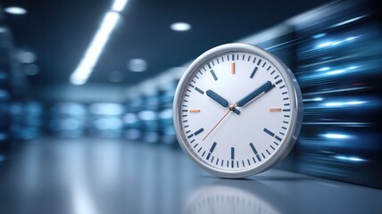Poster - Modern clock in data center symbolizes concept of time management in cloud technology and modern cloud technologies for efficient data handling