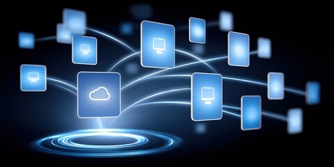 Poster - Cloud technology concept with modern data center and cloud technologies icons connected in digital network environment