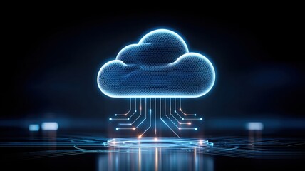 Poster - Cloud technology concept with modern cloud technologies and data center concept glowing in dark background
