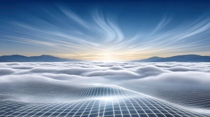 Poster - Modern cloud technology concept shows data center visualization with cloud and technologies blending in futuristic digital landscape