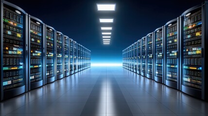 Poster - Modern data center with rows of servers showcasing cloud technology concept and advanced cloud technologies in futuristic setting