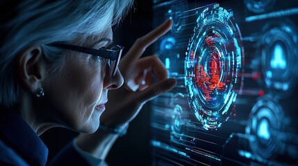 Poster - Focused security analyst reviews compliance data on futuristic digital interface, highlighting cybersecurity measures. scene is illuminated by glowing holographic display
