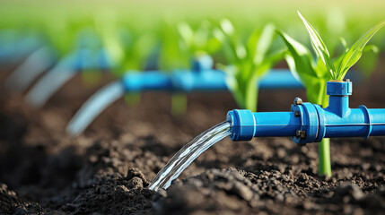 Aufkleber - Close up of blue irrigation system watering young green plants in field, highlighting sustainable agriculture practices and efficient water use
