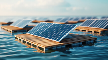 Aufkleber - Floating solar panels on platforms harness sunlight over water, showcasing renewable energy innovation and sustainability. serene setting highlights eco friendly technology