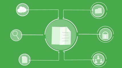 Poster - Online document management concept. Includes icons for file upload or download, digital folders, secure access, cloud backup, team collaboration and workflow approval