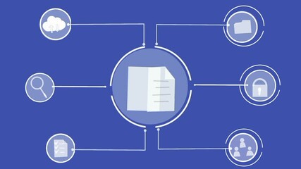 Poster - the concept of online document management. Includes icons for file upload or download, digital folders, secure access, cloud backup, team collaboration, workflow approval
