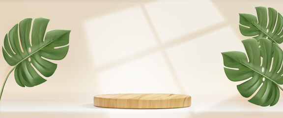 Poster - wooden round podium display with tropical monstera leaf and window shadows on beige bg. minimal show