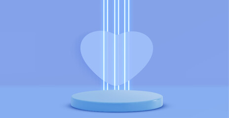Poster - Glass heart shape with vertical neon led lines hovering over blue podium platform on pastel background. Glowing tubes and romantic symbol, love sign. Valentine day or wedding concept. 3d stage mockup