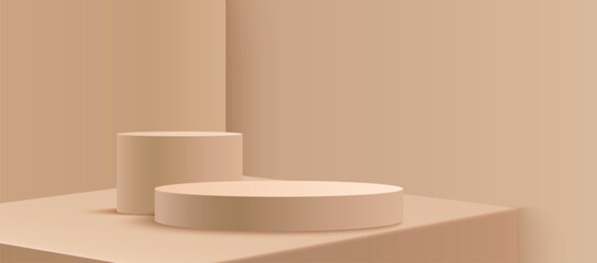 Poster - Beige round podium display on light brown background. Minimal empty platform for product showcase or presentation. Abstract realistic 3d stage with soft light and shadow. Pastel monochrome scene.