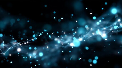 Poster - Bright blue particles float in a dark space creating an abstract cosmic background