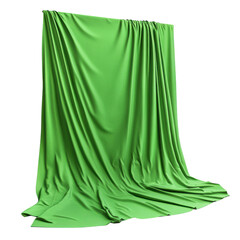 Fototapete - A vibrant green curtain gracefully drapes creating soft folds and shadows on transparent background