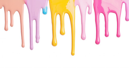 Poster - 3d icon Vibrant paint streams in pastel pink, blue, yellow dripping across transparent surface, generating dynamic abstract art composition