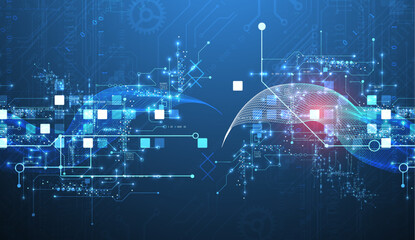 Aufkleber - Abstract data background with wireframe wave and circuit lines. Technology concept. Vector