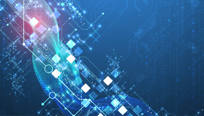 Aufkleber - Abstract data background with wireframe wave and circuit lines. Technology concept. Vector