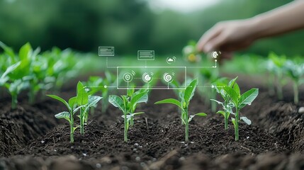 Poster - a dynamic and innovative smart farming scene showcasing the growth of corn seedlings emerging from t