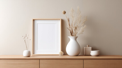 Aufkleber - Serene blank poster frame photo mockup for minimal style living room. modern interior background includes lamp enhancing home decor design template display offering peaceful mood