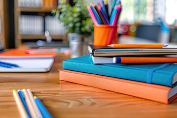 Poster - Detailed Picture of Notebooks, Stationery, and Laptops Arranged on Wooden Table
