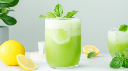 Poster - Refreshing green vegetable juice with lemon and mint healthy food for detox and cleanse. Supports health wellness recovery and provides essential vitamin and nutrition for vitality