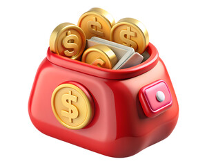 Poster - Red lucky bag overflowing with gold coins and cards 3d rendering icon on transparent background