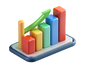 Poster - Colorful bar chart with growing green arrow 3d rendering icon on transparent background showing positive trend