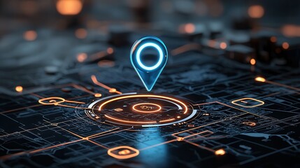 Fototapete - A glowing blue location pin hovers over a vibrant futuristic landscape hinting at advanced navigation technology and