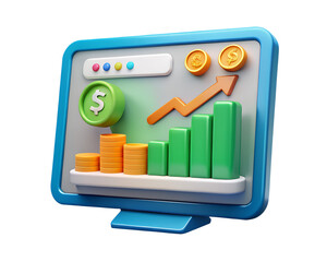 Poster - Stylized financial growth chart with coins and upward arrow displayed in 3d rendering icon on transparent background