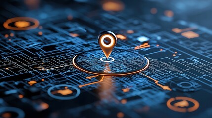 Poster - A digital map interface with a glowing blue background and a bright illuminated pinpoint marker indicating a specific location or point of interest