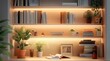 © Pippin - Featuring Warm Accent Lighting on Built-in Bookshelves Adorned, Plants, Decor Items, Cozy Elegant Home Library: Virtual Meetings Backgrounds, Stylish Interior Backdrops Design, Empty Living Room
