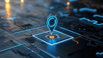 Fototapete - A futuristic digital inspired world map with glowing blue navigation pins markers and a modern abstract grid interface for tracking locations and routes