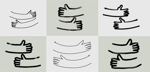 set of hug hands doodle outline hand drawn logo icon sign cute brush stroke. collection of grunge bo