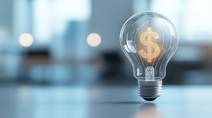 Fototapete - A shining digital hologram of a dollar sign inside a transparent glass light bulb representing the power of innovation technology and financial success