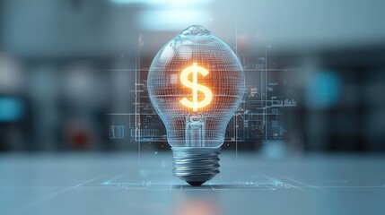 Poster - A striking 3D digital rendering showcasing a glowing dollar symbol inside a light bulb symbolizing the potential for financial growth investment and business success through innovation and technology