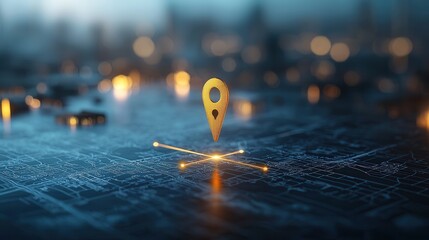 Poster - A detailed shot highlighting a glowing navigation pin against a blurred illuminated urban landscape symbolizing location tracking and digital mapping technology  category Technology