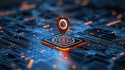 Poster - A visually striking concept featuring a radiant navigational marker on a complex dynamic network of digital maps and communication systems