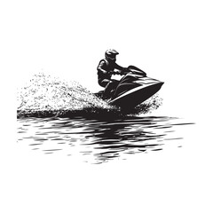 a person jet ski across the water is a black-and-white silhouette vector designed for t-shirts, mugs